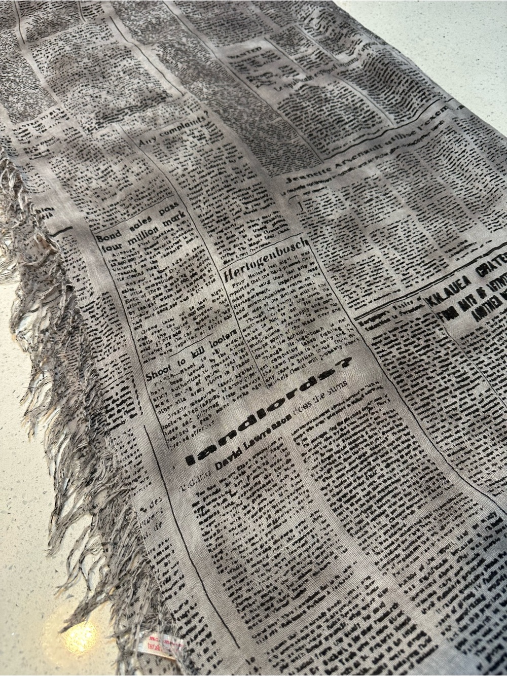 Vintage Newspaper Print Oversized Scarf Gray Fringe Cotton Blend Wrap NWOT
